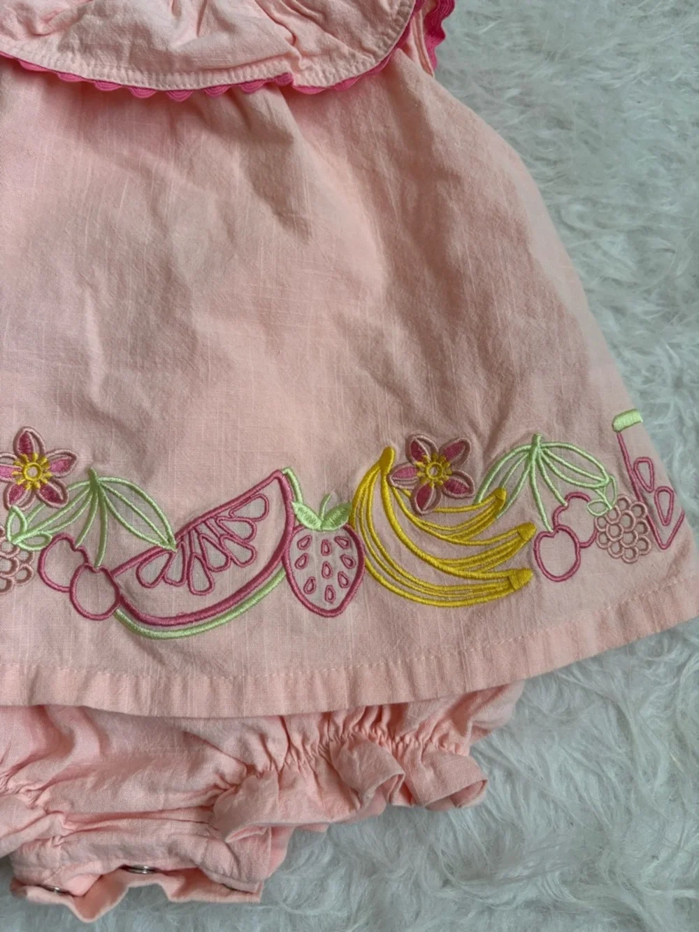 Flapdoodles Peach and Hot Pink Baby Outfit with Embroidered Tropical Fruits